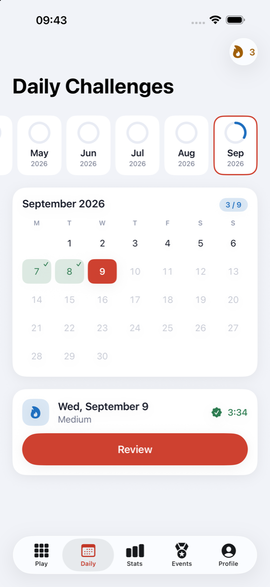 Daily Challenges calendar for September with three days completed.