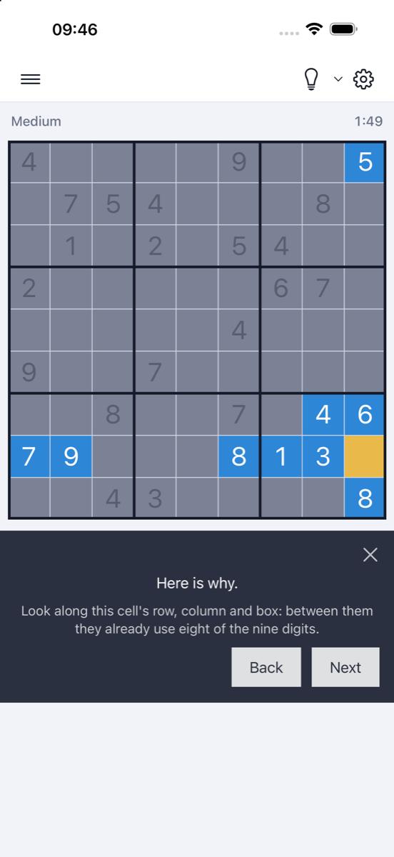 A hint on a Medium board: the target cell is highlighted in yellow, the cells that prove it in blue, and the panel below reads Here is why.