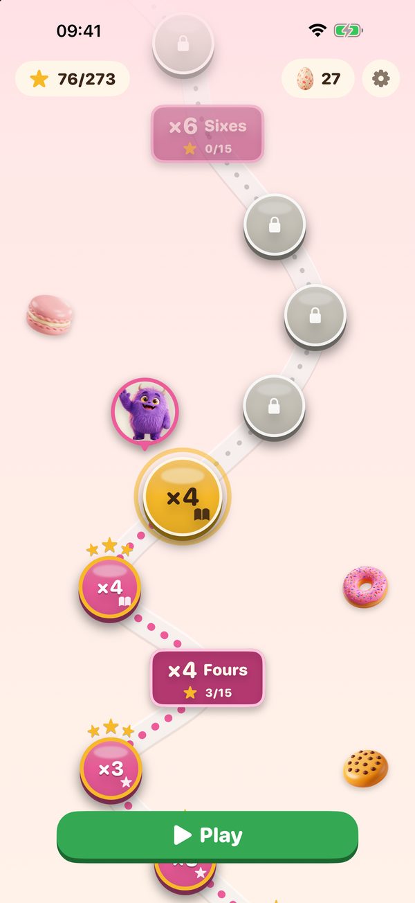 The level map: a winding trail of round buttons through Monster Bakery, with Mochi showing the next round